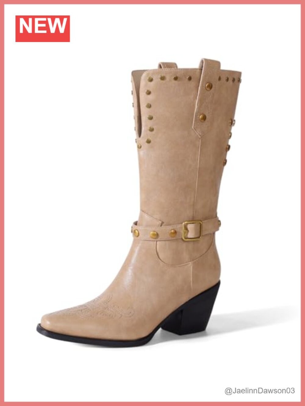 Wide Calf Faux Leather Cowboy Boots Mid Calf Block Heel Western Pull On